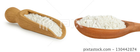 White flour in wooden scoop and spoon isolated on white background 130442874