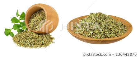 Oregano or marjoram leaves fresh and dry in wooden bowl isolated on white background. Top view. Flat lay. Oregano or marjoram leaves fresh and dry in wooden bowl isolated on white background. Top view. Flat lay. 130442876
