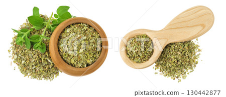 Oregano or marjoram leaves fresh and dry in wooden bowl and spoon isolated on white background Oregano or marjoram leaves fresh and dry in wooden bowl and spoon isolated on white background 130442877