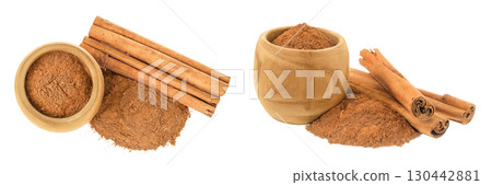 Cinnamon sticks with powder in wooden bowl isolated on white background. Top view. Flat lay. Cinnamon sticks with powder in wooden bowl isolated on white background. Top view. Flat lay. 130442881