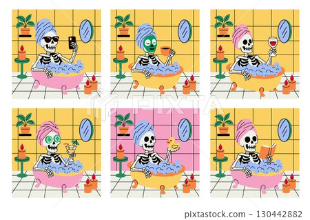 Quirky Skeleton Relaxing in Bubble Bath Scenes 130442882