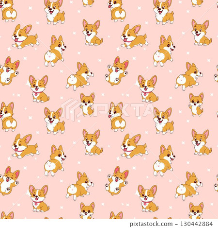 Seamless vector pattern featuring cute cartoon Corgi puppies on a pink background with heart-shaped markings and playful poses Seamless vector pattern featuring cute cartoon Corgi puppies on a pink background with heart-shaped markings and playful poses 130442884
