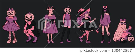 Pastel Witch and Pumpkin Girls Halloween Art 130442897