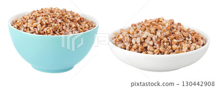 Boiled buckwheat in a ceramic bowl isolated on white background Boiled buckwheat in a ceramic bowl isolated on white background 130442908