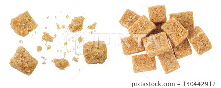 brown sugar cubes isolated on white background. Top view, flat lay brown sugar cubes isolated on white background. Top view, flat lay 130442912
