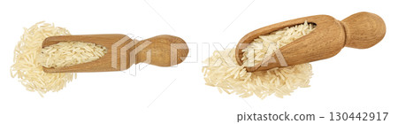 rice basmati in a wooden scoop isolated on white background. Top view. Flat lay rice basmati in a wooden scoop isolated on white background. Top view. Flat lay 130442917