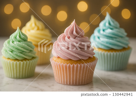 Group of four cupcakes with pink, green, yellow, and blue frosting swirls in row setting Group of four cupcakes with pink, green, yellow, and blue frosting swirls in row setting 130442941