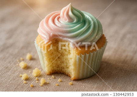 Single cupcake with teal and pink pastel swirl frosting and golden base on soft surface 130442953