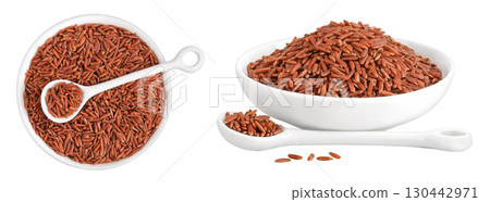 red rice in a ceramic bowl isolated on white background. Top view. Flat lay 130442971