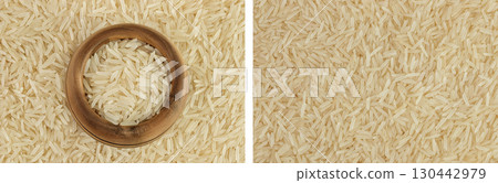 rice basmati in wooden bowl as a background. Top view. Flat lay rice basmati in wooden bowl as a background. Top view. Flat lay 130442979