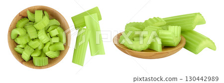 fresh celery in wooden bowl isolated on white background. Top view. Flat lay 130442989