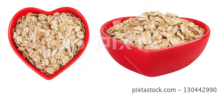 Oat flakes in red ceramic bowl isolated on white background with full depth of field. Top view. Flat lay 130442990