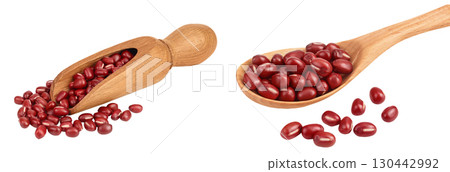 Red adzuki beans in wooden scoop and spoon isolated on white background Red adzuki beans in wooden scoop and spoon isolated on white background 130442992