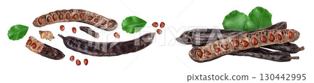 Carob pod and powder isolated on white background with full depth of field. Top view. Flat lay Carob pod and powder isolated on white background with full depth of field. Top view. Flat lay 130442995