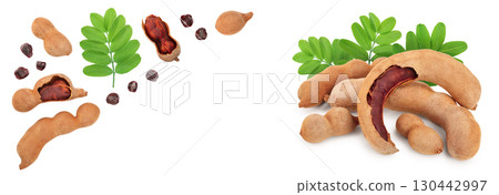 Tamarind fruit with leaf and seed isolated on white background with copy space for your text. Top view. Flat lay 130442997