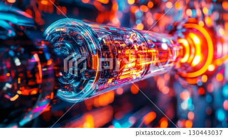 Explore the vibrant colors of technology in this stunning visual. A close-up of a futuristic object showcases lights and materials in harmony. Captivating design. Generative AI 130443037