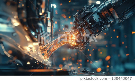 A cutting-edge robotic arm melts metal in an industrial setting. Sparks fly as technology meets creativity in this captivating representation of innovation. Generative AI 130443047