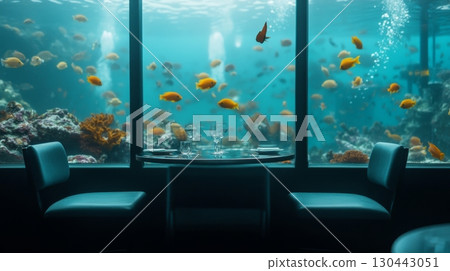 A serene underwater dining experience awaits. Colorful fish swim gracefully by. Enjoy your meal while immersed in this stunning view. Generative AI A serene underwater dining experience awaits. Colorful fish swim gracefully by. Enjoy your meal while immersed in this stunning view. Generative AI 130443051