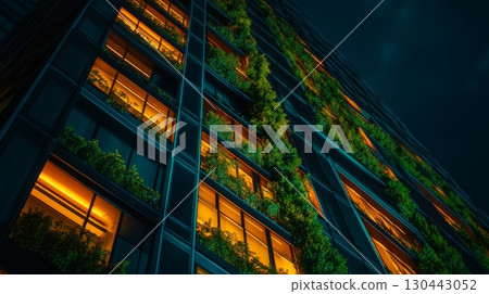 A modern building adorned with vibrant greenery captures a beautiful contrast at night. The illuminated windows create a warm ambiance. Generative AI 130443052