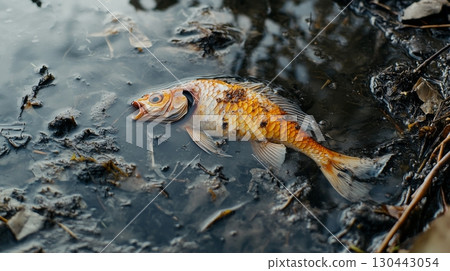 A vibrant orange fish lies in muddy water among debris. It showcases the impact of pollution on aquatic life. This striking image evokes reflection. Generative AI A vibrant orange fish lies in muddy water among debris. It showcases the impact of pollution on aquatic life. This striking image evokes reflection. Generative AI 130443054
