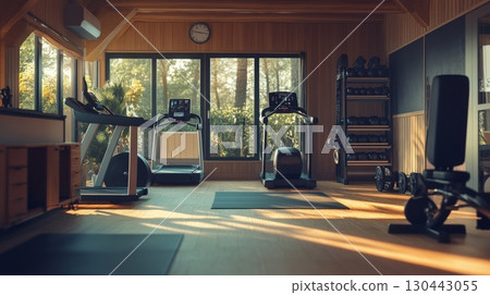 A bright and spacious gym interior designed for fitness enthusiasts. Natural light pours in, creating an inviting atmosphere for workouts. Modern equipment awaits your fitness journey. Generative AI A bright and spacious gym interior designed for fitness enthusiasts. Natural light pours in, creating an inviting atmosphere for workouts. Modern equipment awaits your fitness journey. Generative AI 130443055