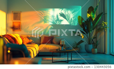 A cozy living room bathed in warm light creates a tranquil atmosphere. The projection of tropical plants enhances the serene vibe. Perfect for relaxation. Generative AI 130443056