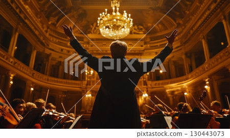 A conductor leads an orchestra with passion. The grand performance is set in a stunning venue. Music fills the air and captivates the audience. Generative AI 130443073