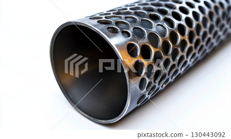 Close up of a metallic pipe featuring a unique perforated design. Observe the intricate patterns and textures. Perfect for industrial themes and design projects. Generative AI Close up of a metallic pipe featuring a unique perforated design. Observe the intricate patterns and textures. Perfect for industrial themes and design projects. Generative AI 130443092