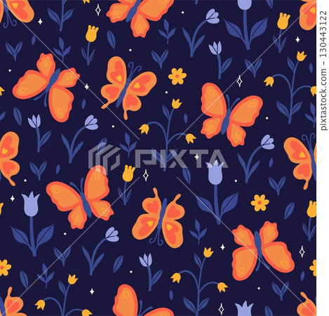 Seamless pattern with flowers and butterflies. Vector graphics. Seamless pattern with flowers and butterflies. Vector graphics. 130443122