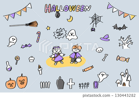 Halloween and children's cute line drawing illustration set 130443282