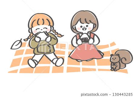 Cute illustration of girls having a picnic Cute illustration of girls having a picnic 130443285
