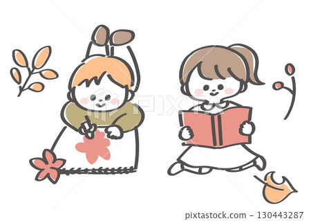 Children enjoying drawing and reading in autumn 130443287