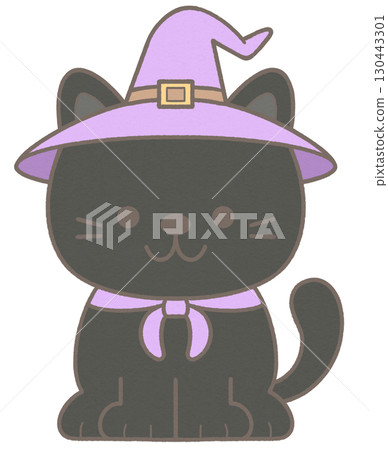 Hand drawn cute halloween black cat with a witch hat 130443301