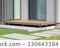 Wooden deck in front of the living room 130443384