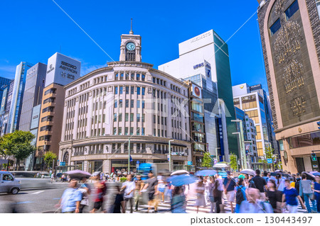 Tokyo cityscape, Japan, September 2nd. Ginza, Tokyo. View of Seiko House Ginza and other buildings. Tokyo cityscape, Japan, September 2nd. Ginza, Tokyo. View of Seiko House Ginza and other buildings. 130443497