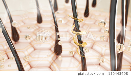 Scalp with hair, gold oil drops and liquid spiral line. Skin cells with hexagon pattern, yellow honey mask, gel serum, keratin care shampoo, biotin vitamin. Cosmetic beauty product ad. 3D illustration 130443498