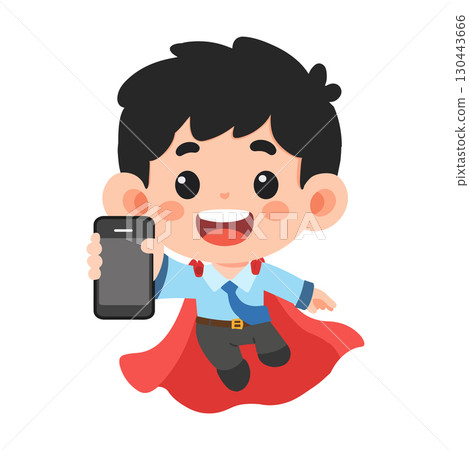 Cartoon Superhero Boy Holding a Smartphone flat Cartoon Superhero Boy Holding a Smartphone flat 130443666