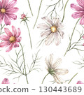 Pink and white cosmos flowers with green leaves. Watercolor botanical seamless pattern on white background, suitable for wrapping paper, textile prints, various floral designs, floristry. 130443689