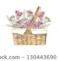 Basket with a bouquet of different small flowers of raspberry and white color. Watercolor botanical illustration, suitable for greeting cards, wedding design, invitations, packaging and floristry. 130443690
