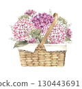 Basket with a large bouquet of hydrangea flowers, various small flowers and herbs. Watercolor botanical illustration, suitable for greeting cards, wedding design, invitations, packaging and floristry. 130443691
