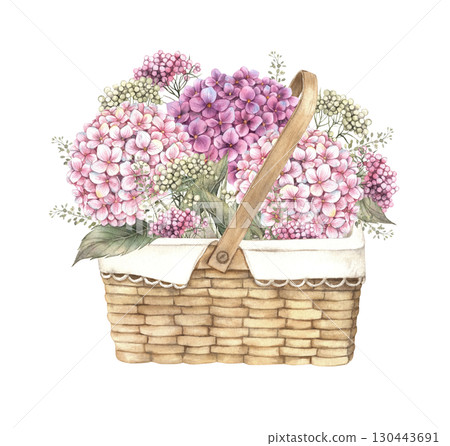 Basket with a large bouquet of hydrangea flowers, various small flowers and herbs. Watercolor botanical illustration, suitable for greeting cards, wedding design, invitations, packaging and floristry. 130443691