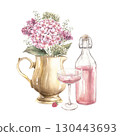 A lush bouquet in a vase with hydrangeas and small flowers, a bottle of pink wine and a glass with a drink. Watercolor illustration, suitable for greeting cards, wedding design, invitations, packaging 130443693