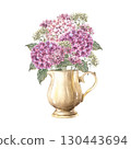 Large lush bouquet in a vase of pink hydrangea small flowers, dried flowers and green leaves. Watercolor botanical illustration. Suitable for greeting cards, wedding design, invitations, packaging. 130443694