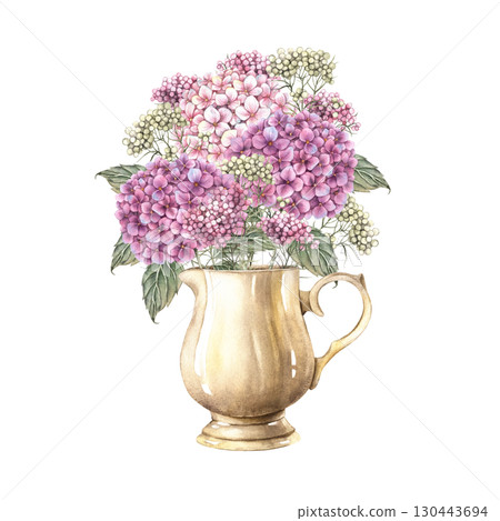 Large lush bouquet in a vase of pink hydrangea small flowers, dried flowers and green leaves. Watercolor botanical illustration. Suitable for greeting cards, wedding design, invitations, packaging. 130443694