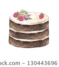 Multilayer cake with chocolate layers, white cream, flowers and raspberries. Watercolor illustration of a cake with decorations is suitable for decorating confectionery, bakery products, sweet snacks. 130443696