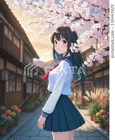 A woman in a sailor uniform standing in an old town [Spring] 130443929