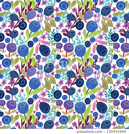 Seamless pattern with blueberries, blue berries. Illustration, design for textiles and stationery. Scandinavian and northern nature. Seamless pattern with blueberries, blue berries. Illustration, design for textiles and stationery. Scandinavian and northern nature. 130443944