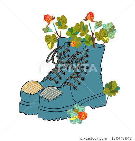 Illustration of boots lost in the forest with northern cloudberries 130443948