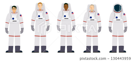 Flat design illustration set of male astronauts wearing space suits of various races, vector illustration, white background 130443959