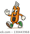 Happy Cartoon Utility Knife Waving and Walking. Illustration of a Box Cutter Tool. 130443968